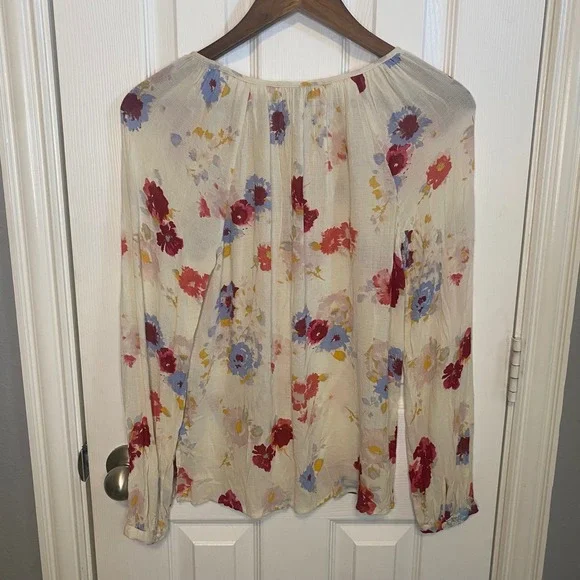 Lucky Brand Womens Small Blouse Floral Peasant Long Sleeve Tie Neck Cream Boho - Picture 3 of 4